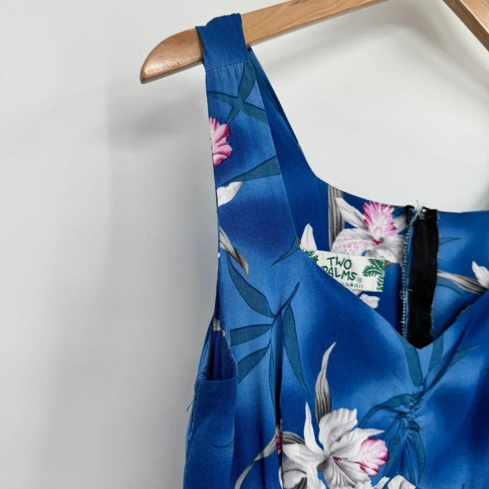 Two Palms Vtg Blue Midnight Orchid Floral Midi H-Strap Dress Women's M